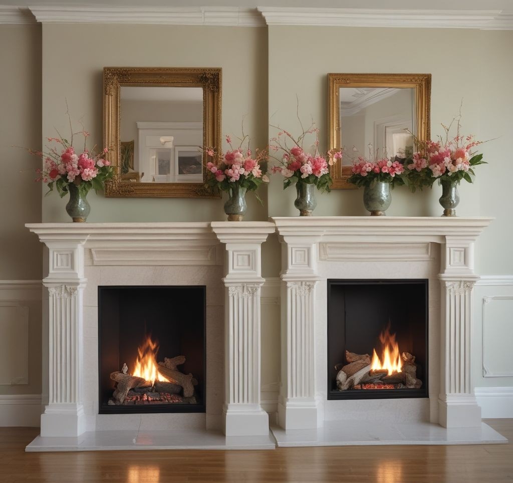 Split image showing same mantle in two different spring styling configurations, showcasing how decorative elements can be rotated and reimagined, soft natural lighting