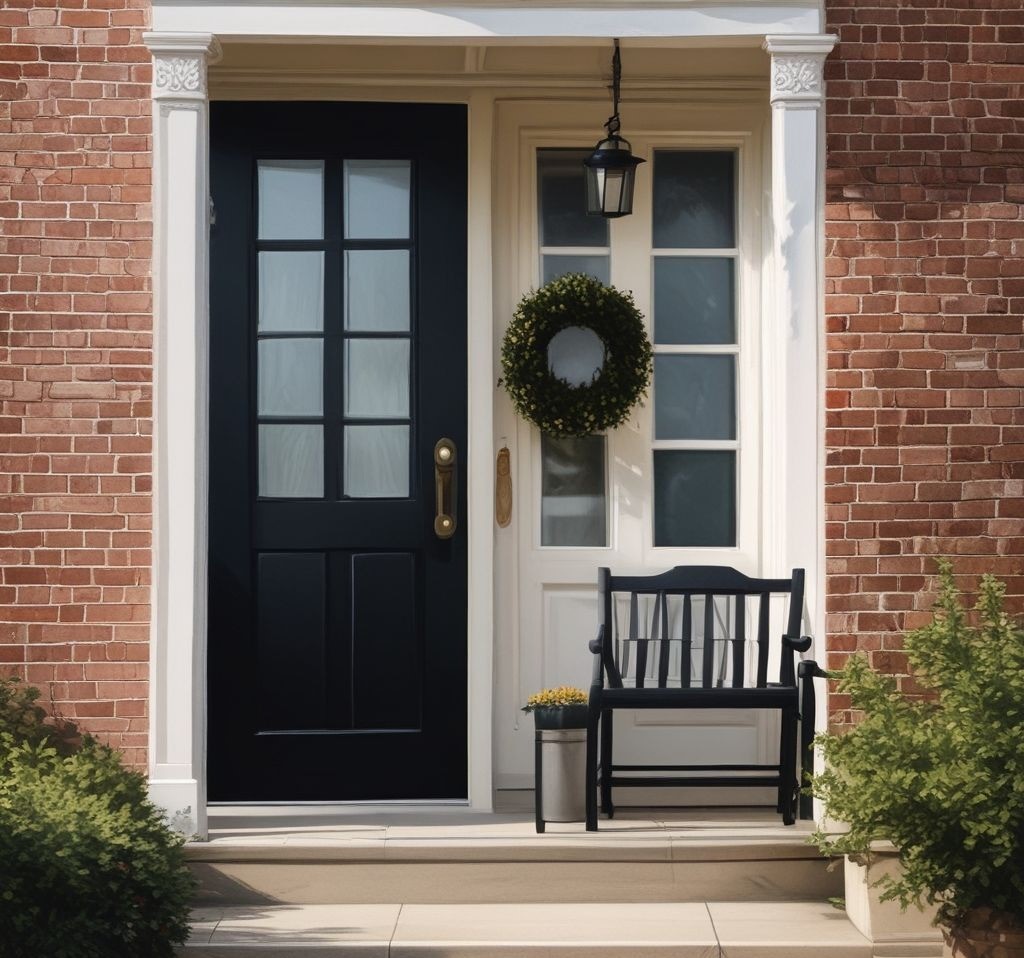 A clean and simple porch with a sleek black bench, a single potted plant, and a neutral wreath on the door, basking in soft spring sunlight.