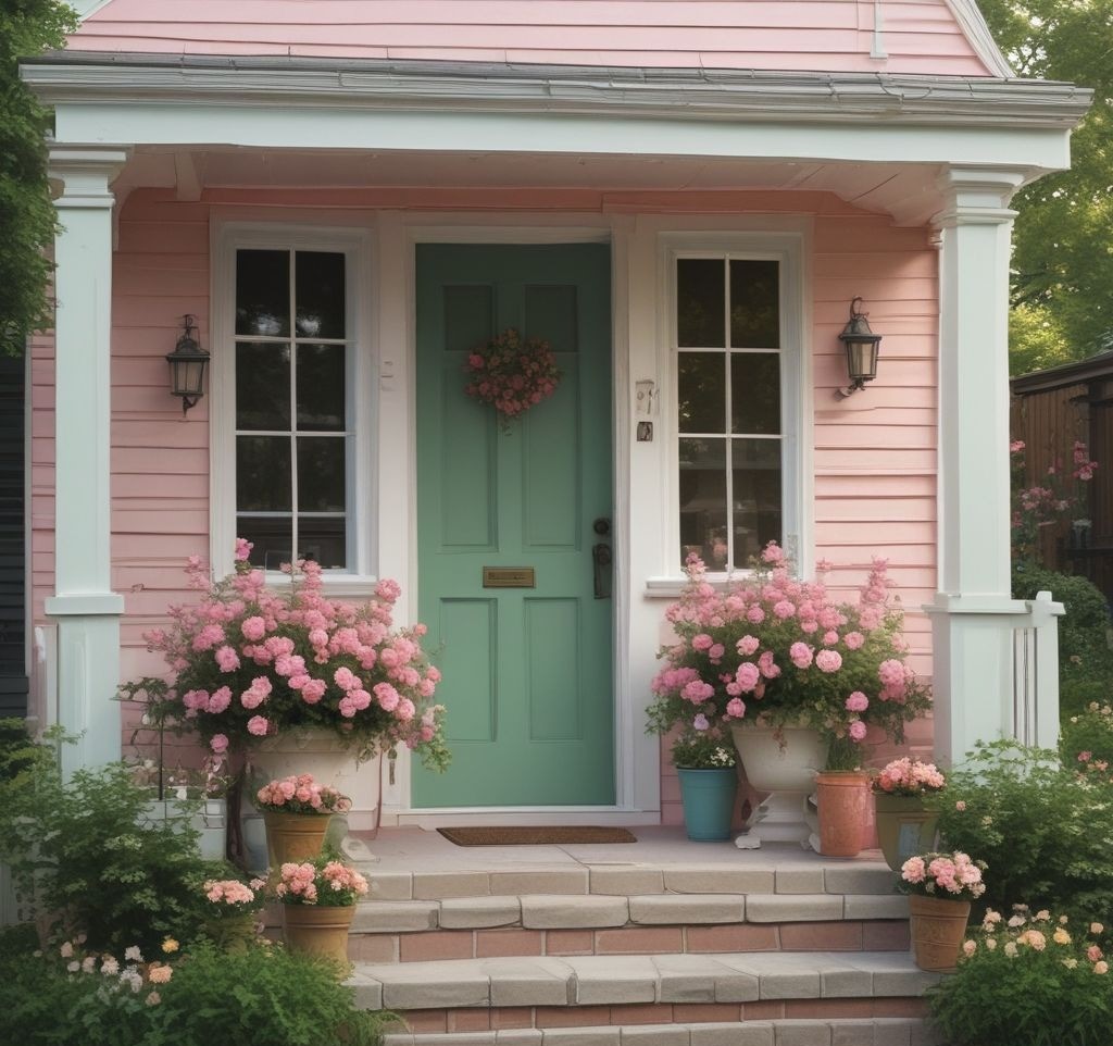 A small, charming front porch with a pastel-themed color palette, featuring light pinks, mint greens, and soft yellows. The porch includes matching cushions, potted flowers, and a painted front door in a coordinating shade. The setup is cozy and inviting.