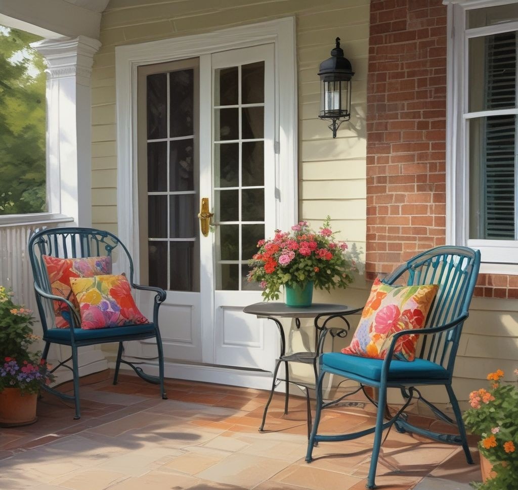 A narrow front porch with space-saving furniture, such as a bistro table and two chairs. The chairs have colorful cushions, and the table holds a small vase with fresh spring flowers. A neatly folded blanket is draped over one chair.