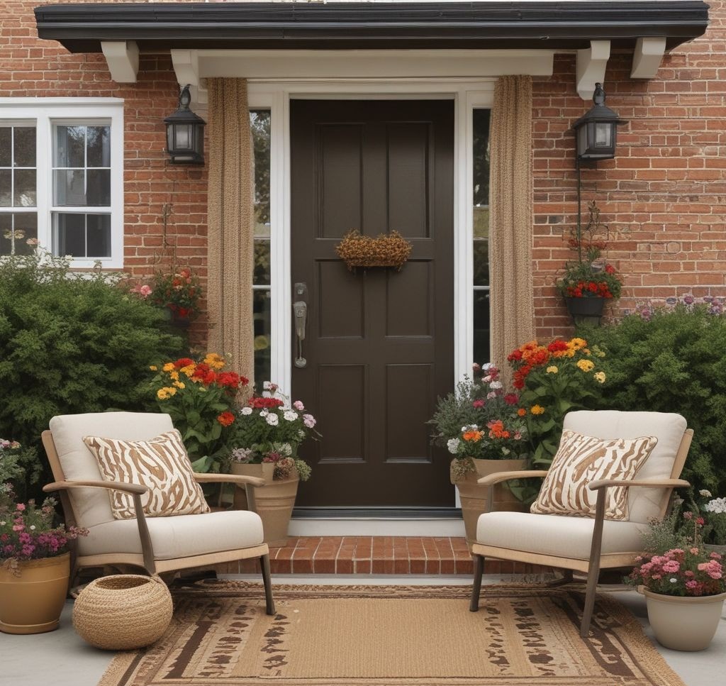 A small porch showcasing a layered look with a jute rug, a patterned doormat, and a wicker chair. Add throw pillows in floral and striped patterns, along with a cozy knitted throw blanket. Flowerpots with varying textures surround the setup.