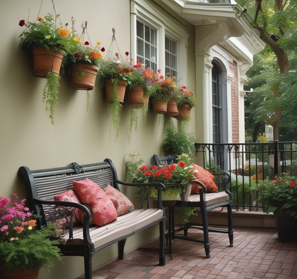 A small porch with a vertical garden setup, featuring a wall-mounted planter filled with spring flowers and greenery. Hanging baskets add more plants at different heights, creating a lush but space-efficient display.