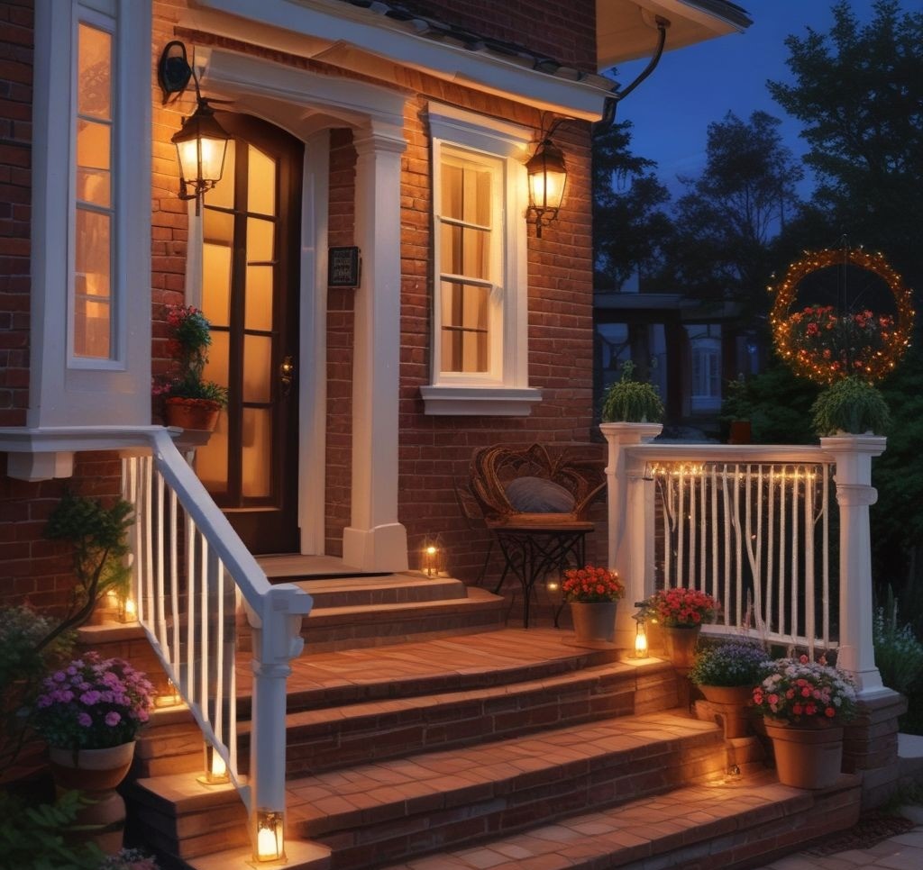 A small porch at twilight, illuminated by string lights draped along the railing and lanterns placed on the steps. The warm glow highlights the cozy seating area and spring flowers in various pots.