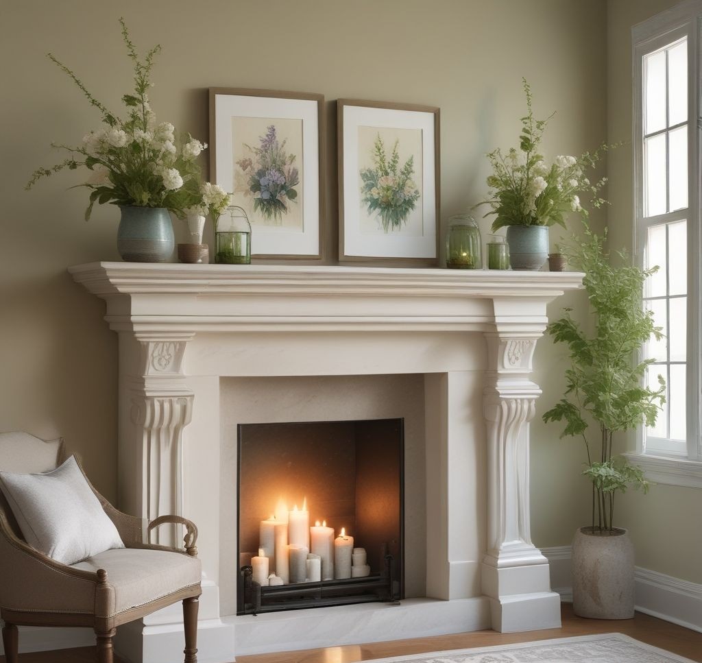 A mantle styled with botanical artwork or a watercolor spring landscape leaning against the wall, paired with fresh flowers and decorative candles in pastel holders.