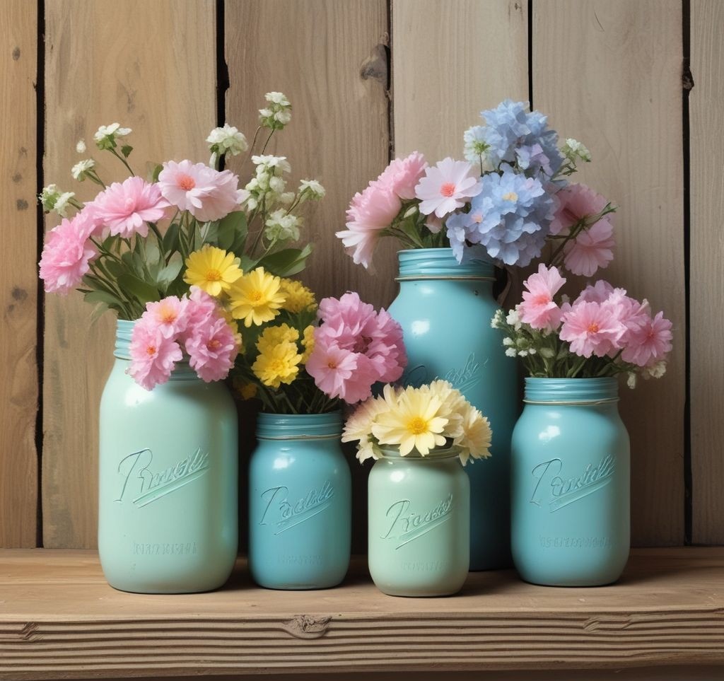 Three painted pastel mason jars (mint green, soft yellow, light blue) filled with white and pink spring flowers, sitting on a reclaimed wood mantle, twine wrapped around jar necks, soft morning light