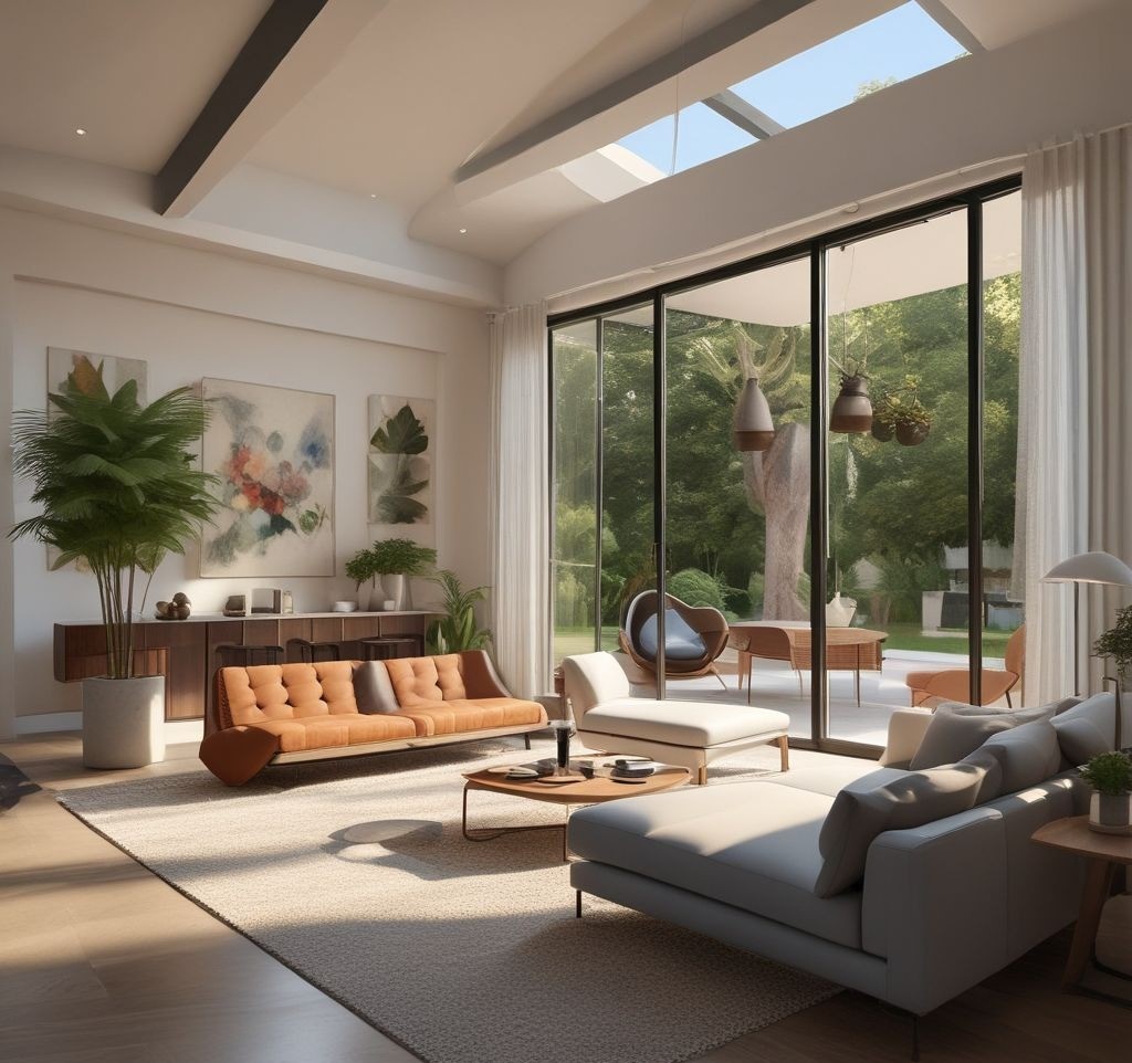 A living room with large sliding glass doors that open onto a patio. The patio features a modern seating area with a seamless blend of indoor and outdoor decor, such as similar rugs and plants.