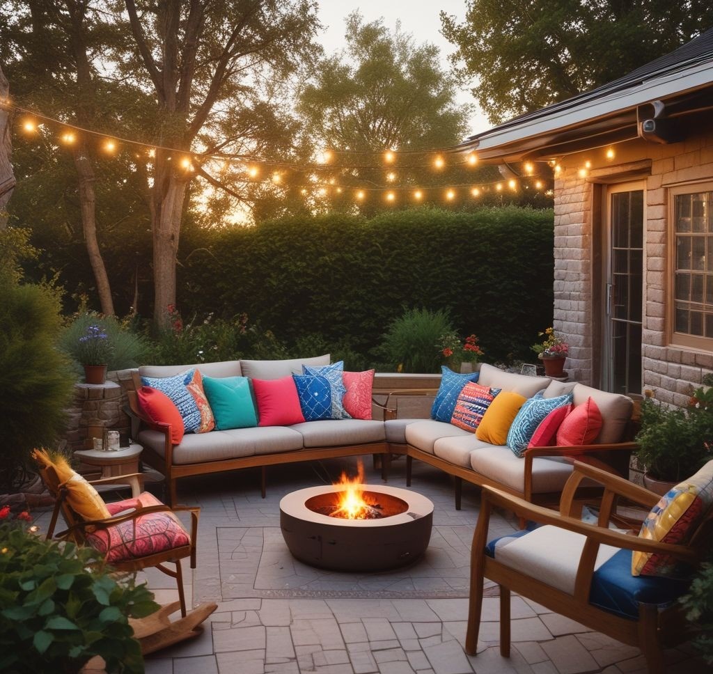 A completed patio with cozy outdoor furniture, a fire pit, string lights, and colorful cushions, captured during the golden hour.

