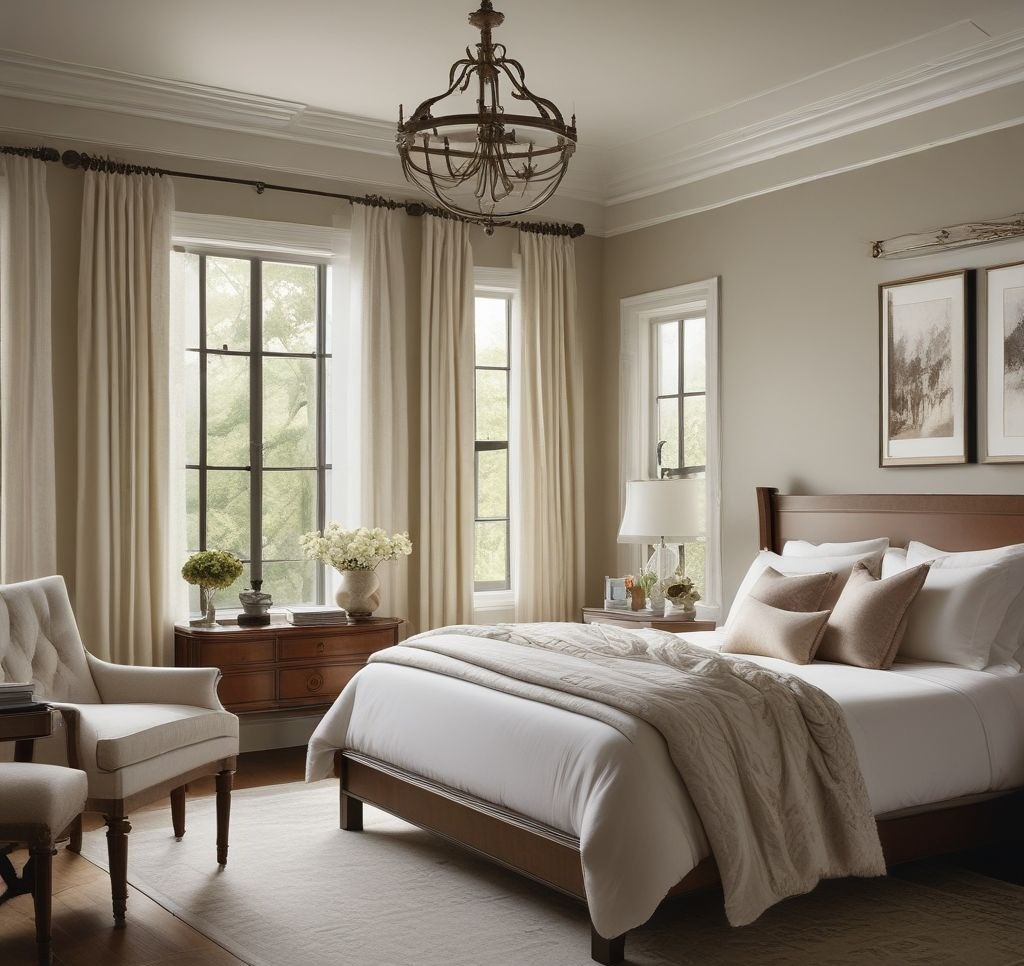 High-end bedroom interior photography, perfectly made bed with crisp linens, soft diffused natural light, architectural digest styling, ultra-detailed texture and color accuracy