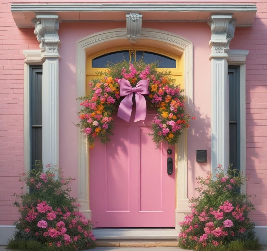 A close-up of a front door adorned with a vibrant spring wreath made of pink and yellow flowers, eucalyptus leaves, and a bow, set against a bright pastel door.
