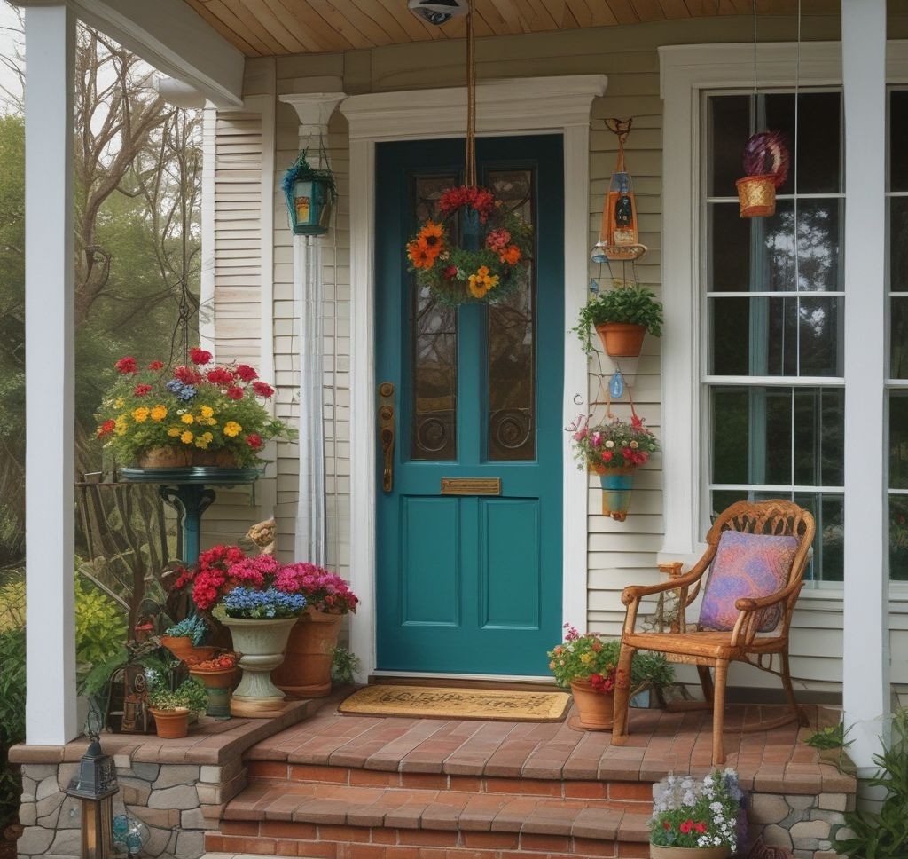 A quaint front porch with decorative hanging elements such as a macramé plant hanger holding a pot of colorful flowers. Wind chimes made of wood and metal add a whimsical touch, hanging next to a small welcome sign.
