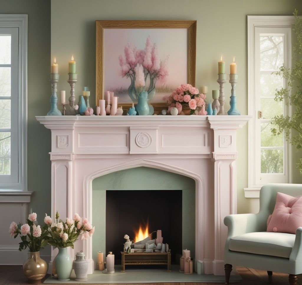 A vibrant spring mantle featuring vases of tulips, daffodils, and wildflowers in pastel-colored pitchers, set against a light-colored wall with soft natural lighting, evoking freshness and cheerfulness.