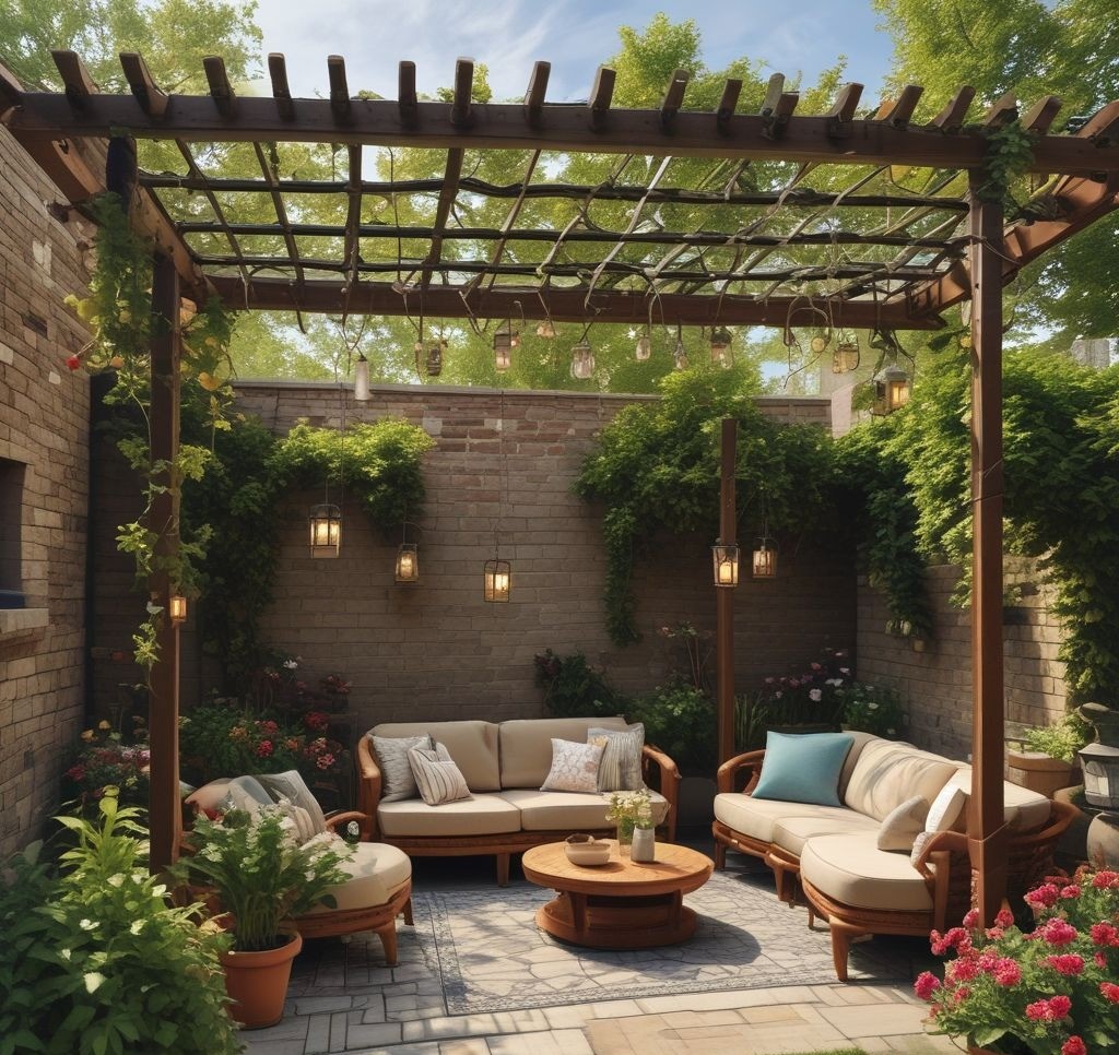 A beautifully designed backyard patio with a wooden pergola, adorned with climbing vines and string lights, overlooking a garden in spring. The seating area underneath is cozy with cushioned chairs and a coffee table.