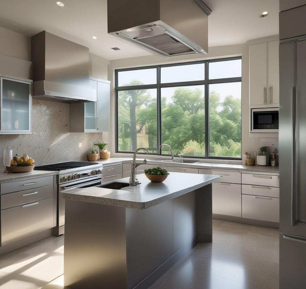 Commercial-quality kitchen interior photograph, pristine stainless steel appliances reflecting soft light, granite countertops, professional cleaning equipment subtly placed, magazine-style composition