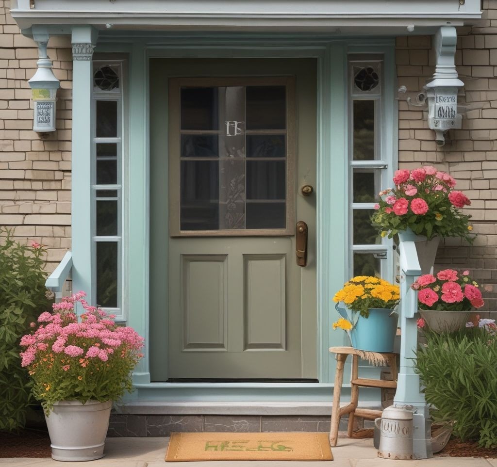 A small front porch styled with a few carefully chosen accessories, including a vintage watering can filled with flowers, a "Hello Spring" sign, and a small pastel-colored birdhouse placed in the corner.