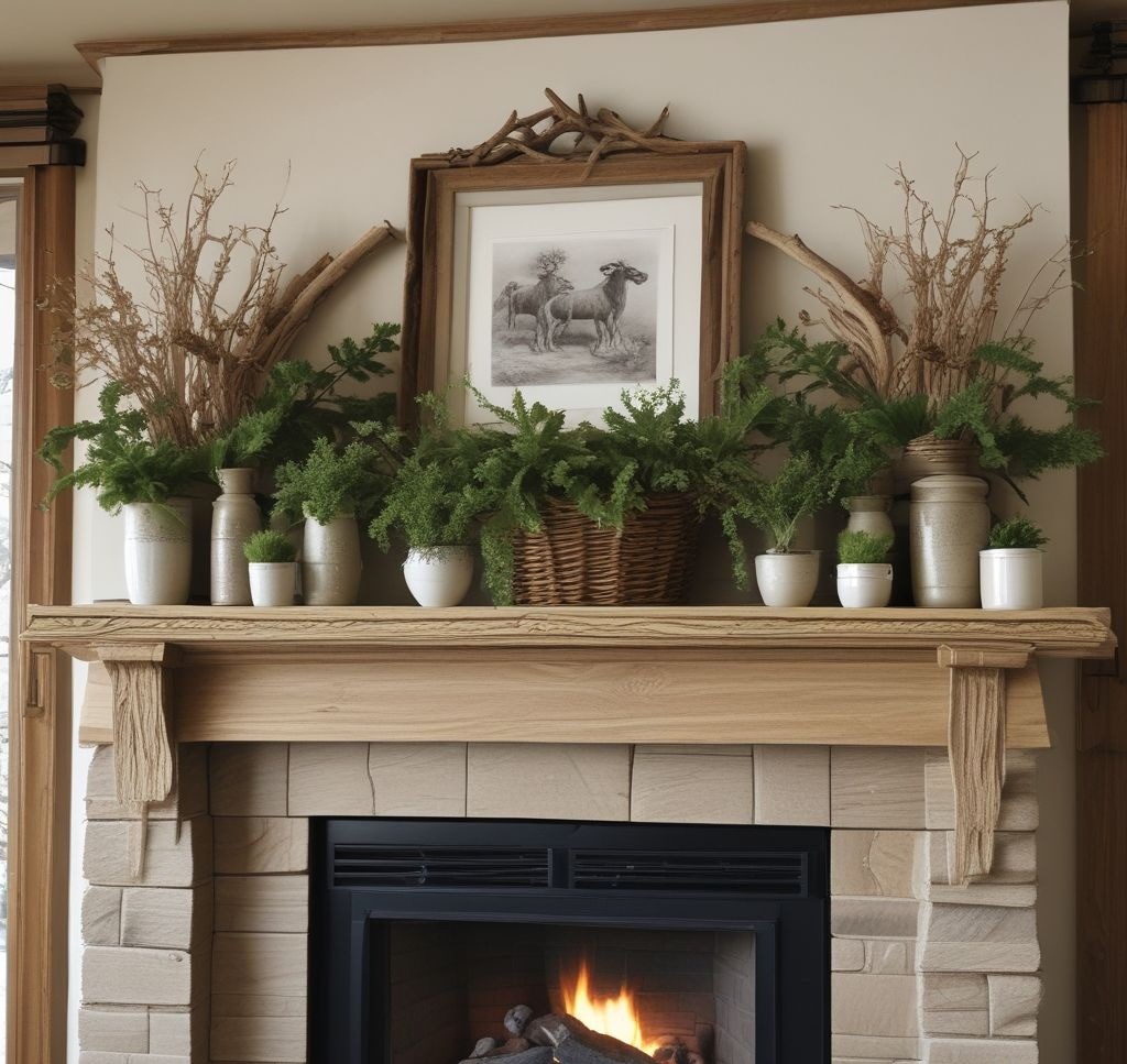 A rustic spring mantle showcasing a driftwood piece, faux greenery, and wicker baskets, creating a textured and organic vibe with a natural spring aesthetic.
