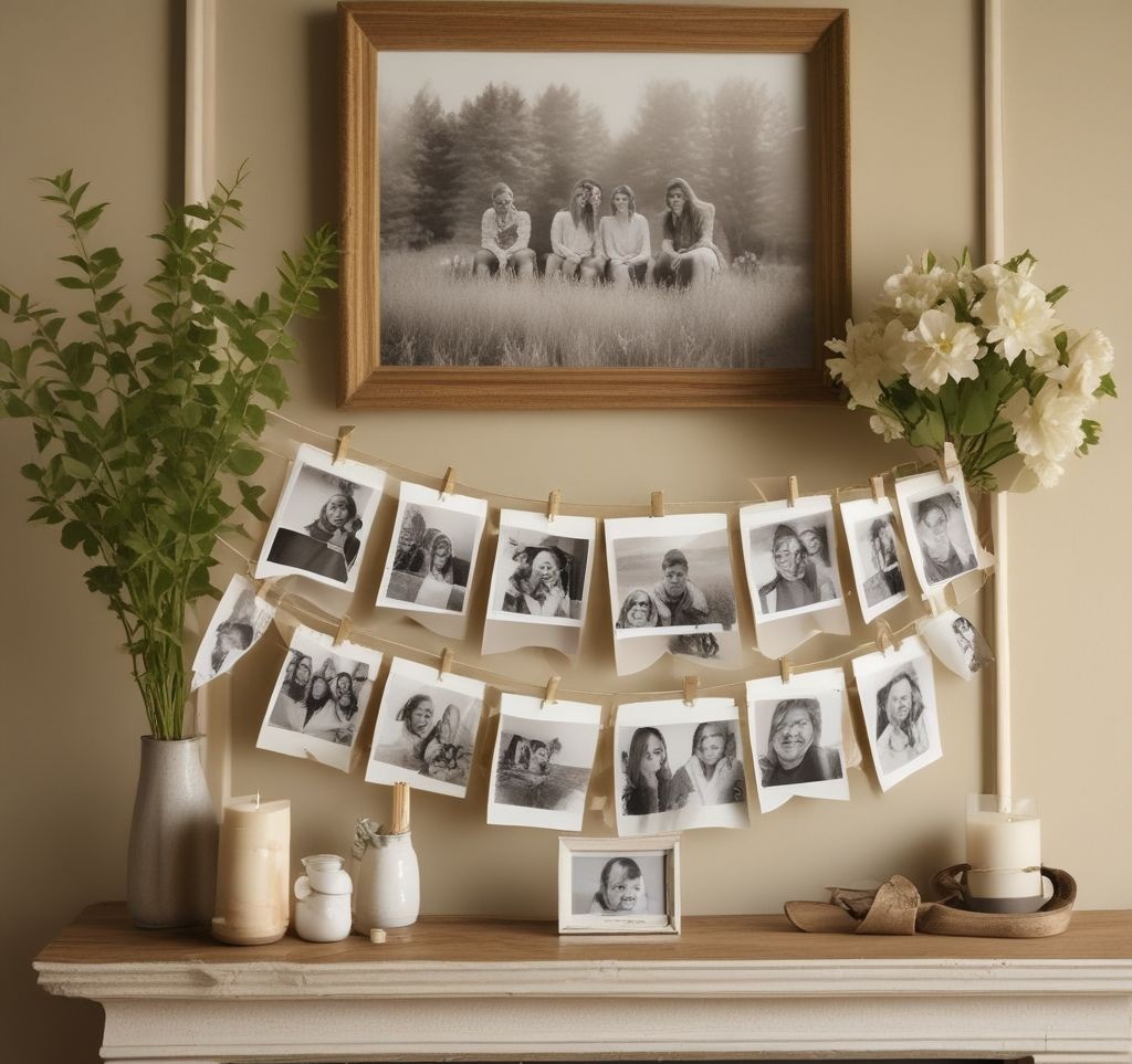 Handmade photo banner with spring-themed family photos clipped to twine, hanging across a neutral-toned mantle, soft natural lighting, wooden clothespins, blurry spring garden background