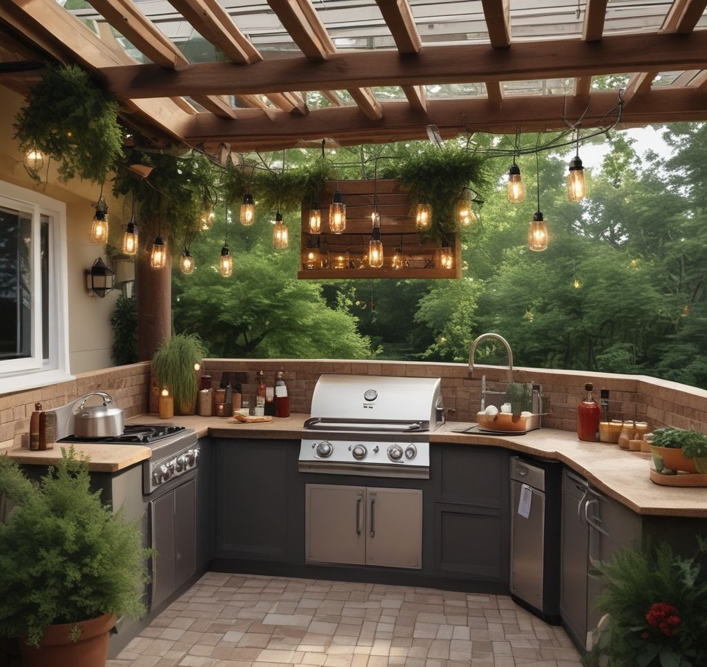 An outdoor kitchen setup with a stainless steel grill, a countertop with a built-in sink, and a dining table set nearby. The area is decorated with string lights and surrounded by greenery.