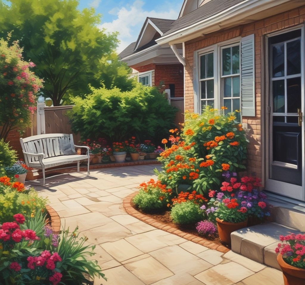 A patio surrounded by fresh landscaping—flower beds, shrubs, and potted plants—with a garden hose coiled neatly on the side.