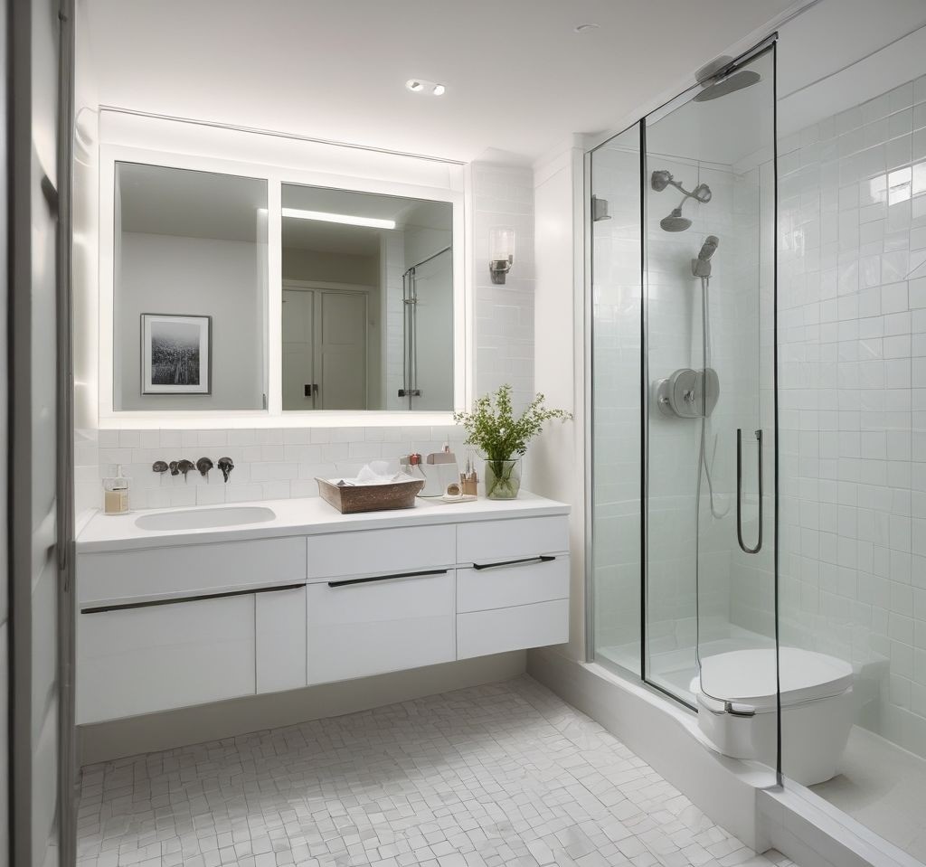 Professional bathroom interior photograph, gleaming white tiles, crystal-clear mirror reflection, meticulously organized surfaces, commercial cleaning magazine aesthetic