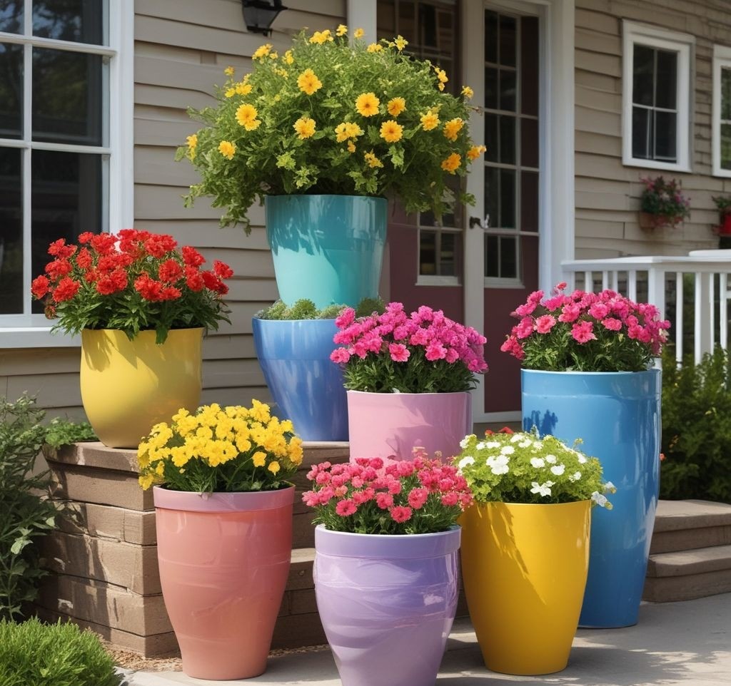 A collection of colorful ceramic planters in various sizes, filled with bright spring flowers, placed at varying heights on a sunny porch.