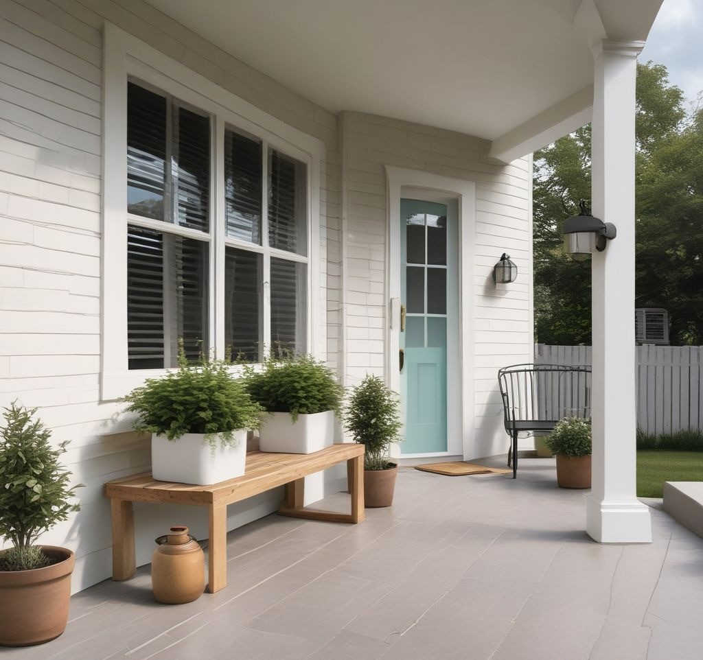 A minimalist front porch with a clean, swept floor, a simple bench adorned with one pastel pillow, and a single potted plant. The overall look is fresh and uncluttered, radiating spring vibes.