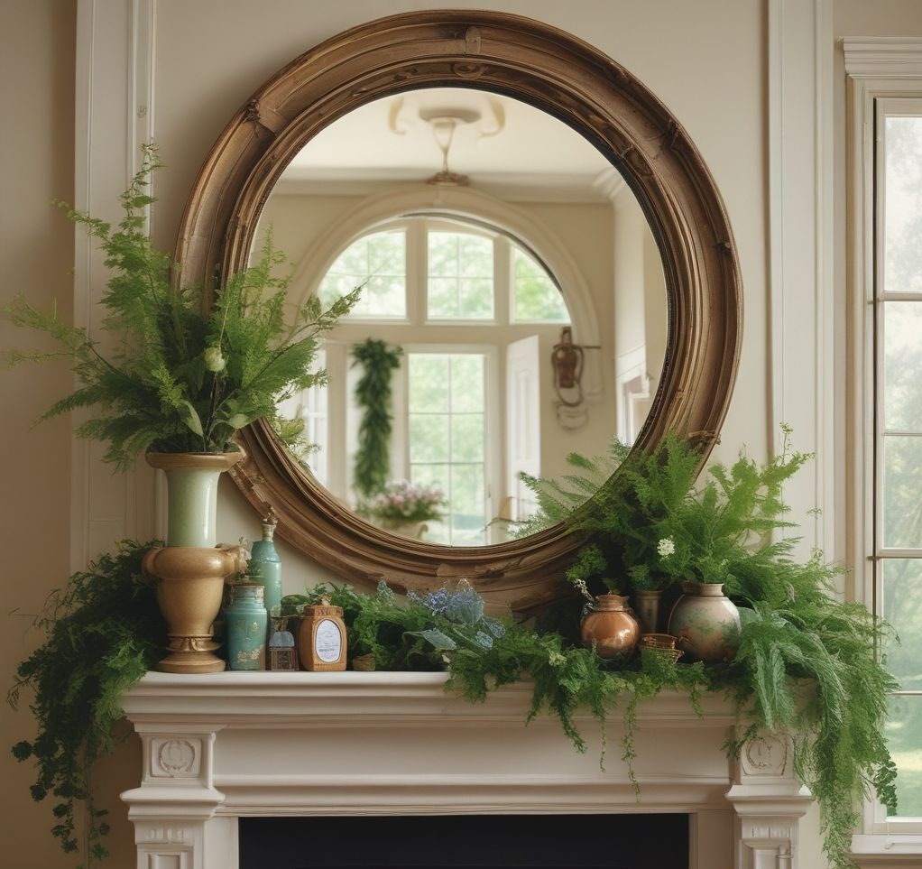 A mantle decorated with a large, round statement mirror reflecting light, adorned with greenery and a small floral wreath hanging at the top, creating a bright and airy spring ambiance.