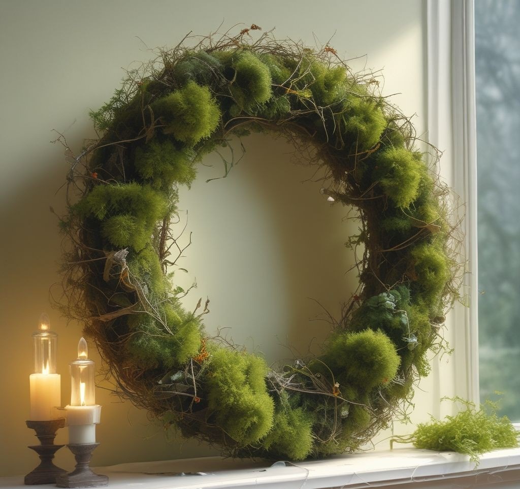 Natural wreath made of moss and delicate twigs, soft pastel ribbon, sitting on a white mantle, early spring sunlight casting soft shadows, blurred green background suggesting garden setting