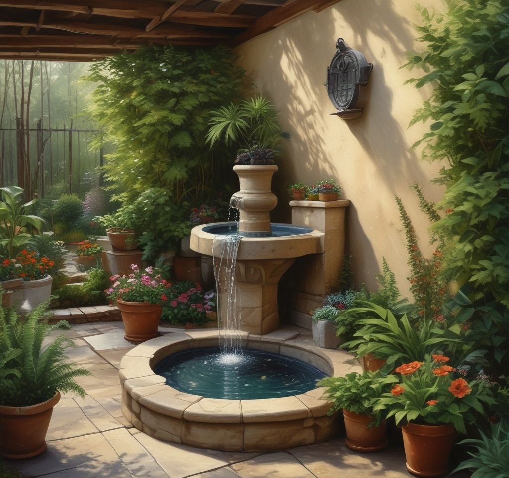 A backyard patio with a small, modern water fountain as a centerpiece. The fountain is surrounded by potted plants, and the sound of running water enhances the serene ambiance.