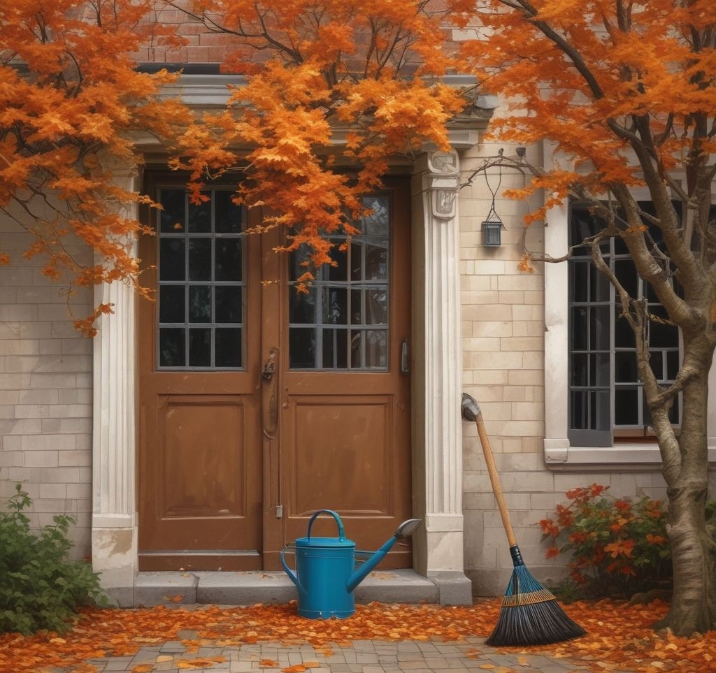 A homeowner sweeping the patio with a broom, with fallen leaves and a watering can nearby, highlighting regular maintenance.

