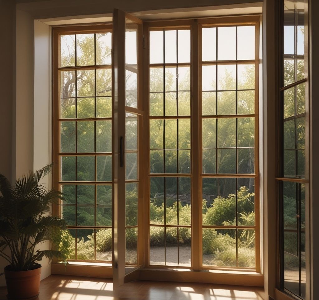 Architectural photography of sunlit window, crystal-clear glass with perfect transparency, wooden frame with immaculate details, soft exterior landscape visible