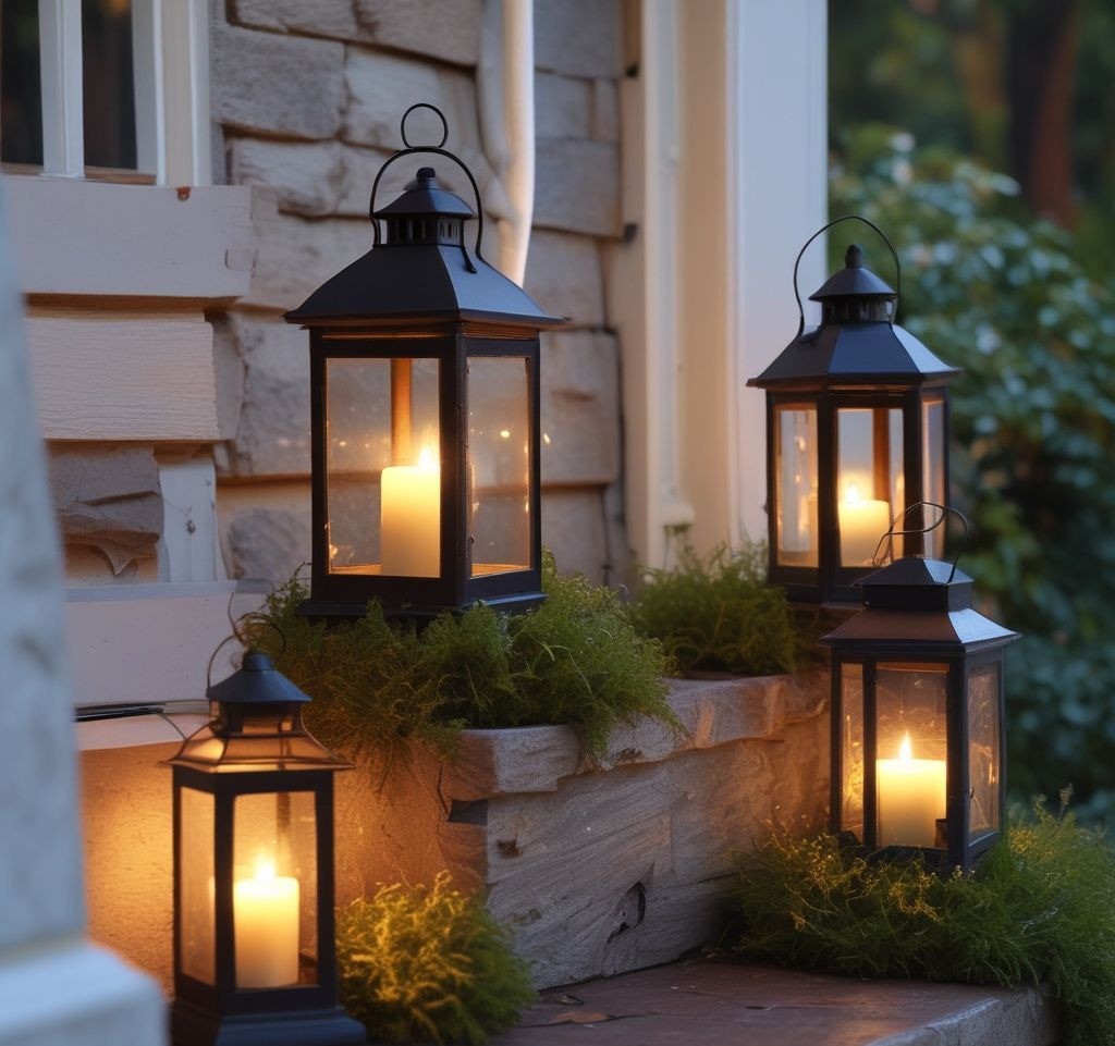 Rustic lanterns filled with fairy lights and moss, placed on porch steps at dusk, creating a warm and inviting glow with flowers in the background.