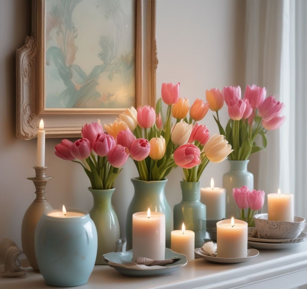 A collection of spring-scented candles in pastel holders, arranged on a mantle alongside small decorative trays and a vase of fresh tulips, softly lit for a cozy atmosphere.