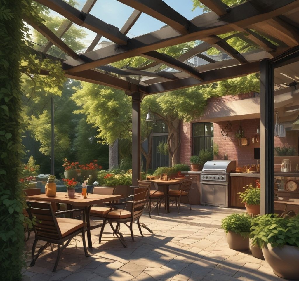 A family enjoying the extended patio with a barbecue setup, kids playing nearby, and lush greenery in the background.