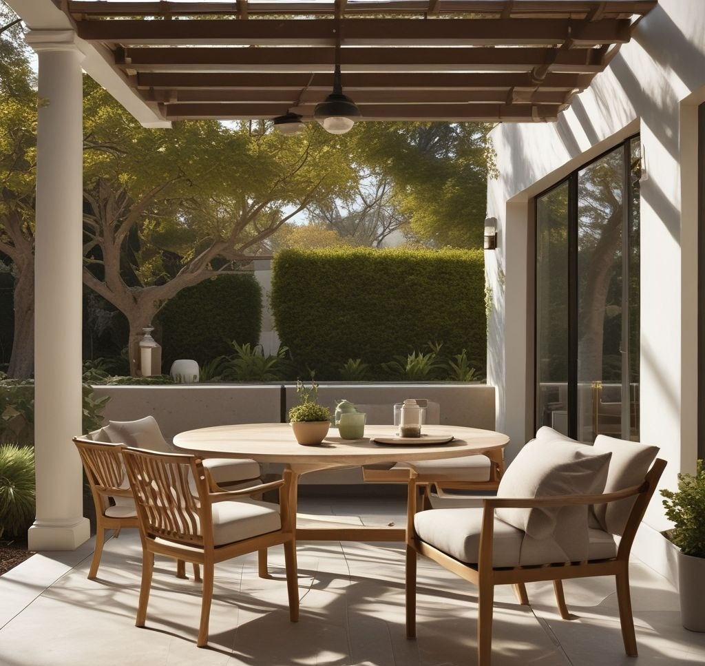Professional landscape photography of clean patio, soft morning light, furniture positioned with precise styling, high-resolution details of clean surfaces