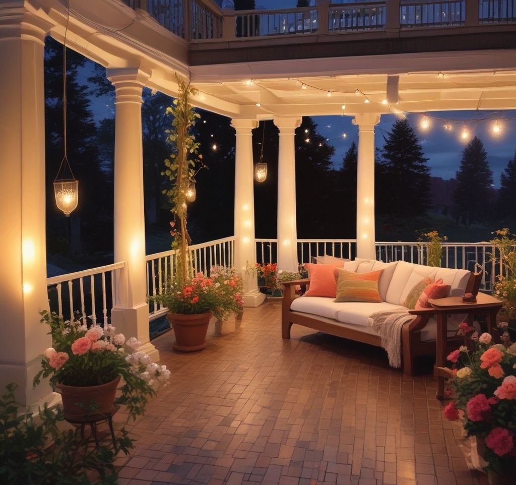 A cozy porch with string lights draped along the railing and wrapped around columns, illuminating a seating area filled with cushions and flowers in the evening.