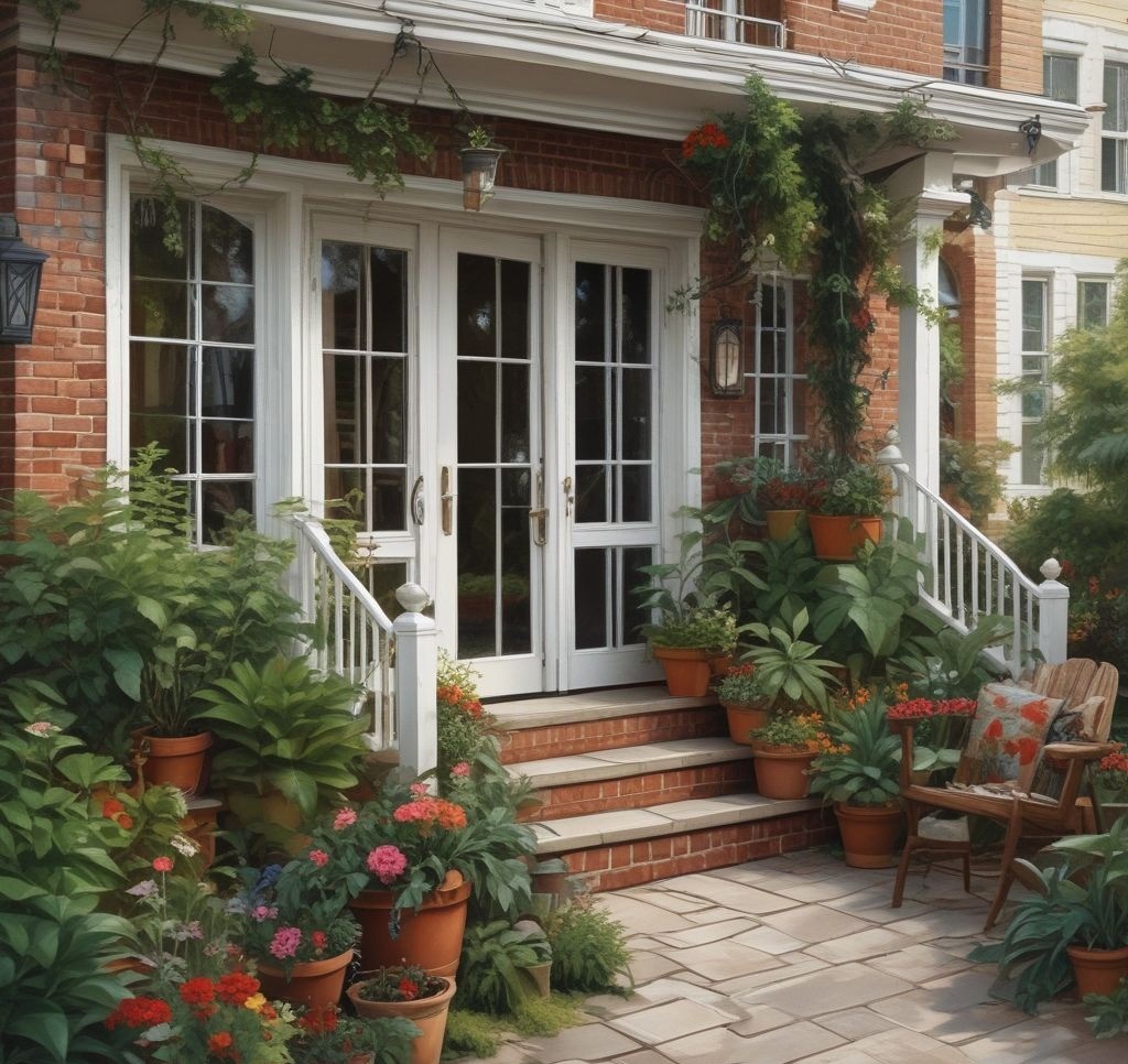 A small front porch cluttered with too many plants, furniture, and decorations, creating a chaotic and overwhelming look, with little walking space.
