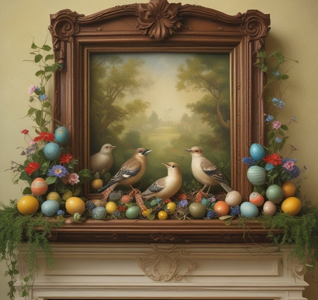 A whimsical spring mantle with small decorative birds’ nests filled with faux eggs, surrounded by greenery, flowers, and charming figurines, creating a playful seasonal vibe.