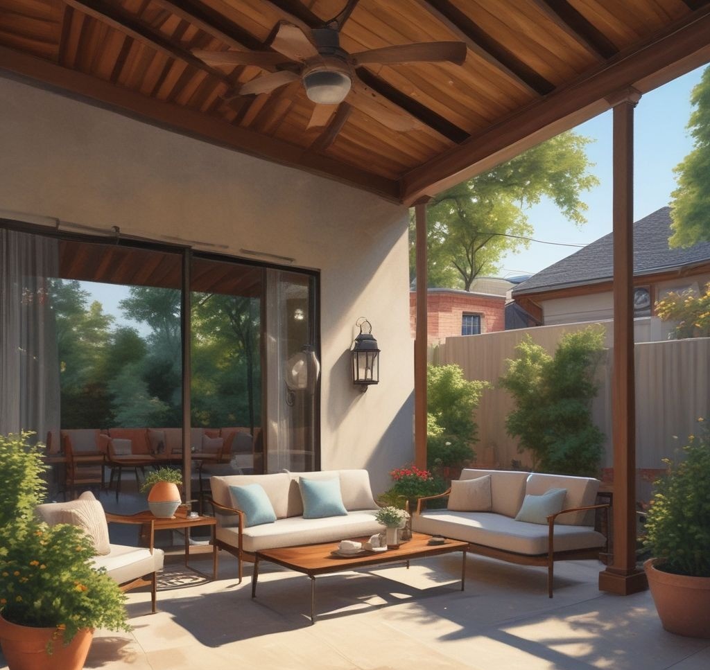 A covered patio with a modern gazebo or awning, complete with a hanging light fixture. The space has comfortable chairs, a small table, and curtains that can be drawn for extra shade.