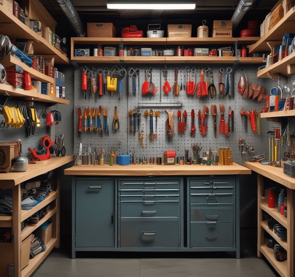 Commercial organizational photography of garage storage, perfectly arranged tools, professional lighting, museum-quality image detail