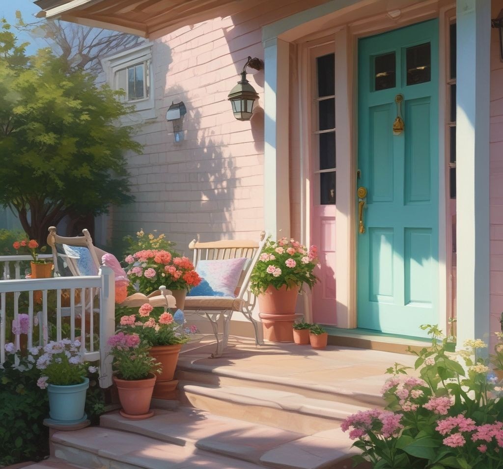 A spring-decorated porch featuring pastel-colored pillows, a light blue door, and pink and green flower pots, with a soft spring morning light.