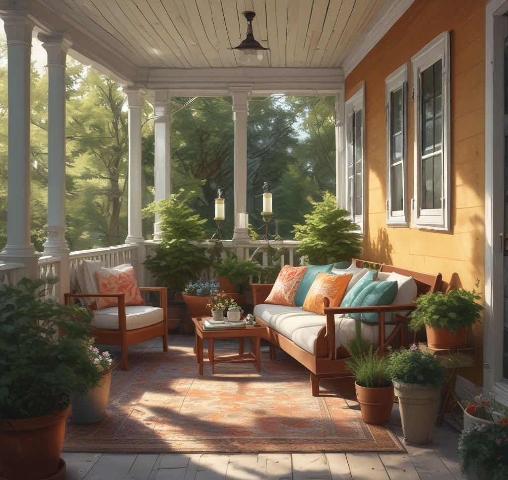 A porch with oversized furniture that dominates the small space, paired with tiny planters and decor, highlighting a lack of balance.