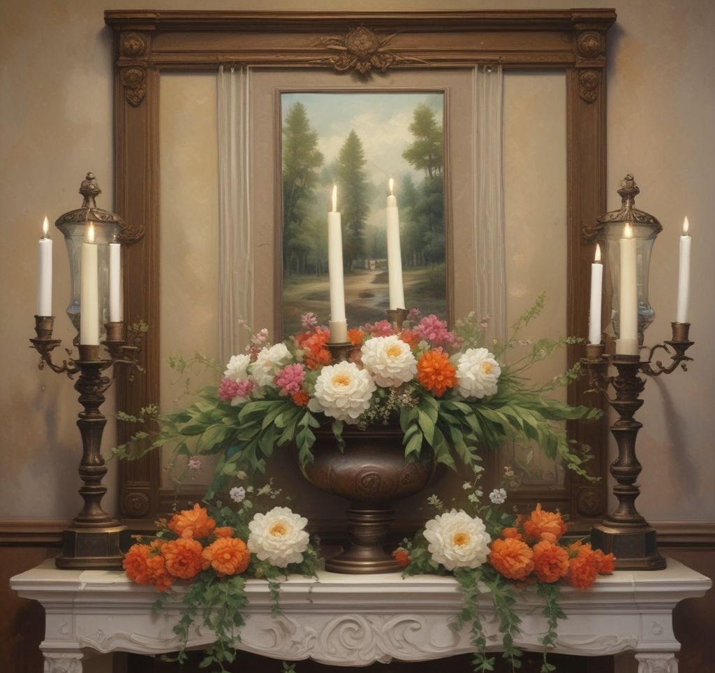 A balanced mantle display with matching candlesticks or lanterns on either side, centered around a larger floral arrangement or spring-themed sign, evoking harmony and order.