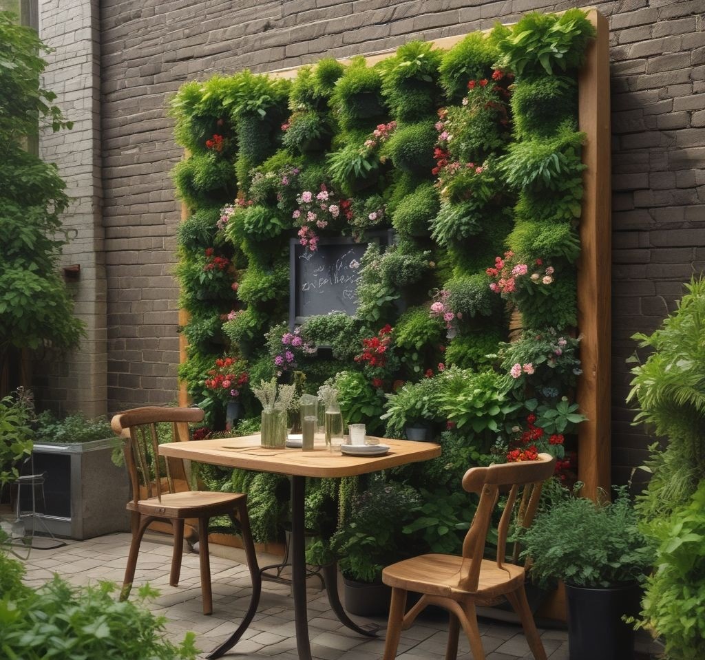 A vertical garden wall on a patio, filled with lush greenery and small flowering plants. The garden is built on a wooden frame and paired with a bistro table and chairs nearby.