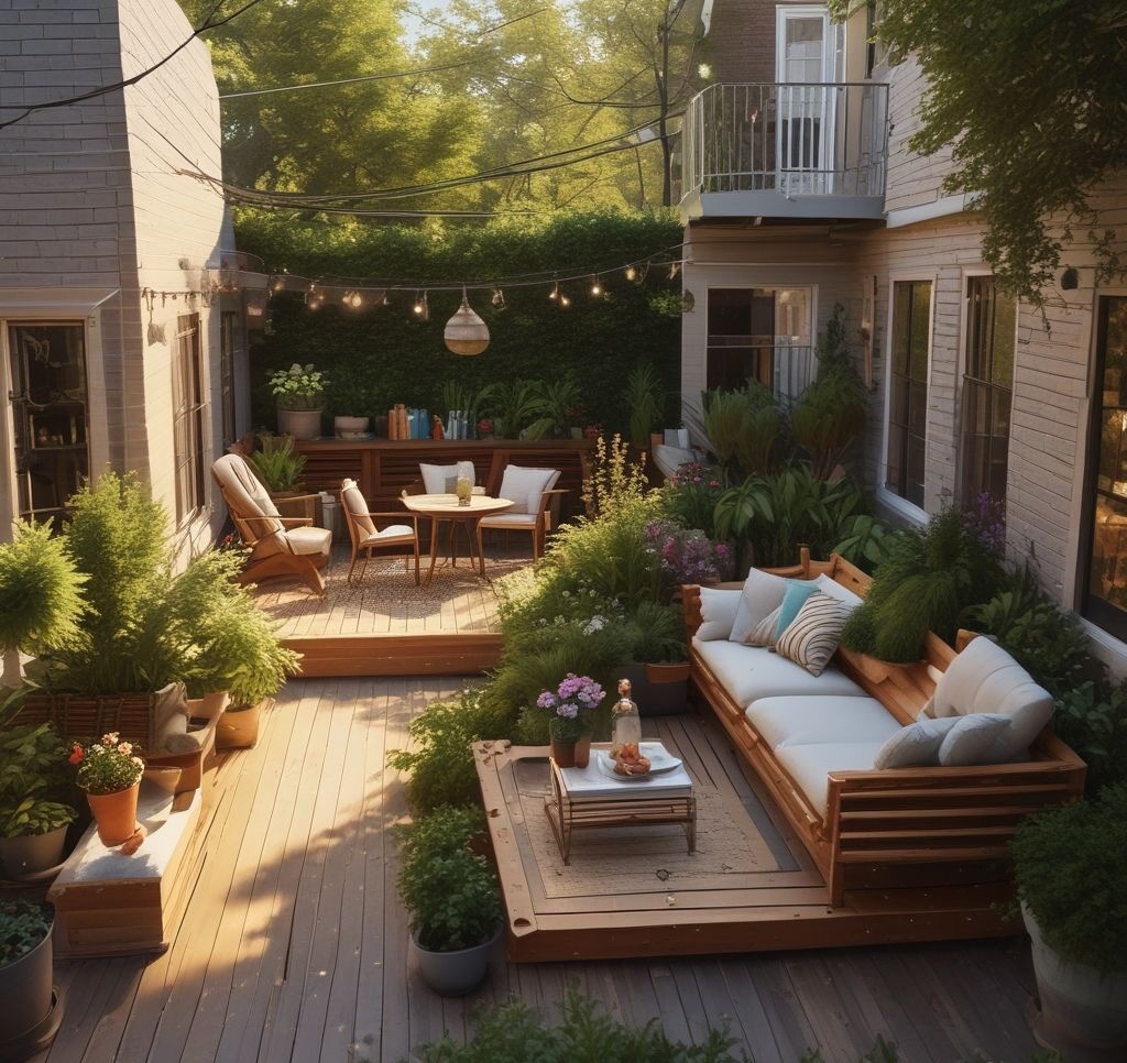 A cozy small backyard with multi-level wooden decking, featuring a lower level with a dining table and chairs, and an upper level with a seating area of outdoor sofas and cushions. The space is surrounded by greenery and string lights for a warm ambiance. Sunny afternoon lighting.
