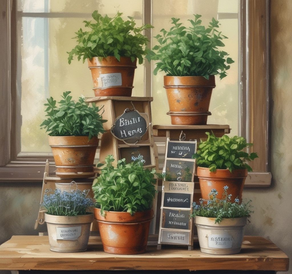 A tiered stand holding pots of fresh herbs like basil, thyme, and rosemary, with small signs labeling each herb, surrounded by other spring decor.