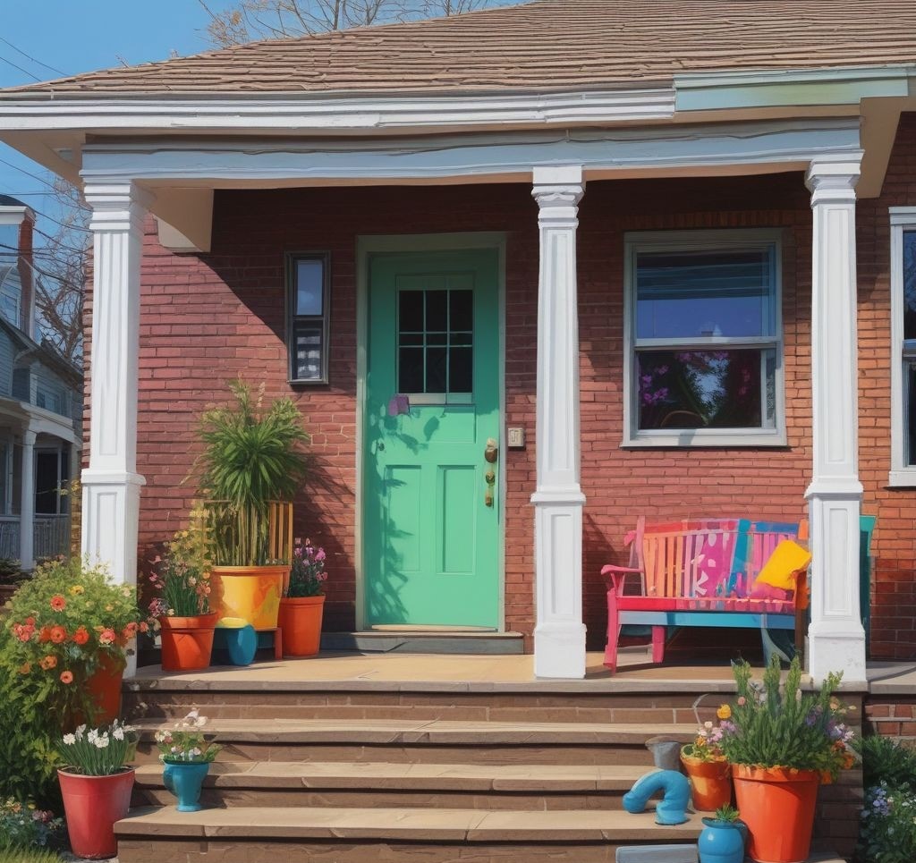 A front porch with clashing spring colors, including bright neon hues and mismatched patterns, creating a visually jarring effect.