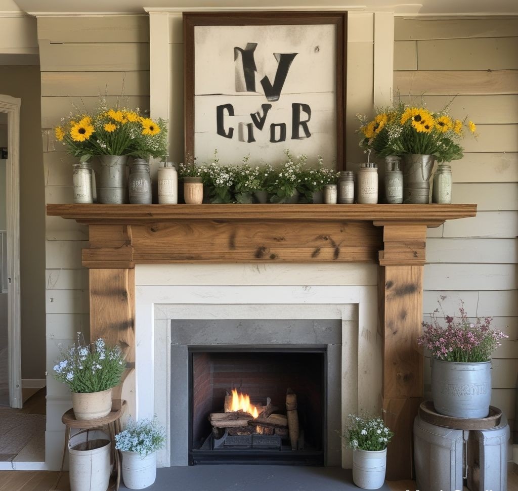 A farmhouse-style mantle decorated with distressed wooden signs, galvanized pots filled with flowers, and mason jars used as vases, exuding rustic spring charm.