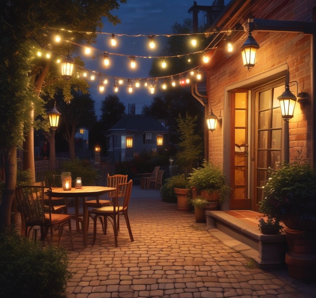A patio illuminated with a mix of lighting, including string lights overhead, lanterns on the ground, and solar-powered pathway lights. The glow creates a warm and magical evening setting.