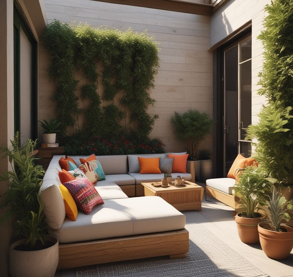 A small patio with built-in wooden seating along the edges, decorated with colorful throw pillows and a storage compartment underneath. The patio is surrounded by potted plants and features a small coffee table in the center. Soft sunlight and a tidy, modern design.