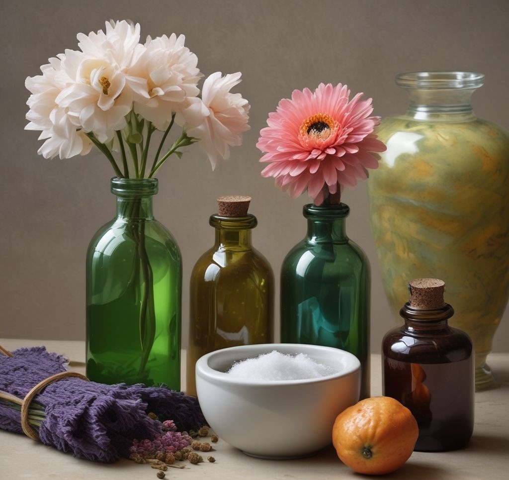 Professional still life photography of cleaning and aromatherapy elements, soft lighting, museum-quality composition and color accuracy